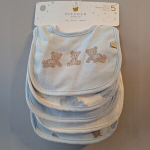 🆕 Piccolo Bambino Baby Blue Bib Set Teddy Bear Theme 5 Piece Gift Idea! 🧸
